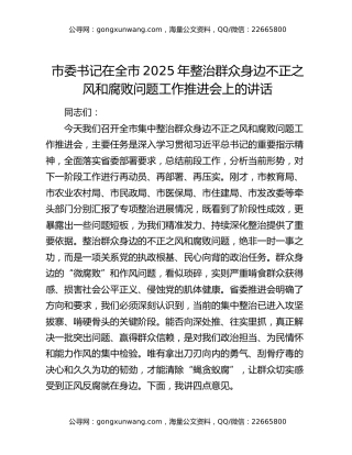 市委书记在全市2025年整治群众身边不正之风和腐败问题工作推进会上的讲话