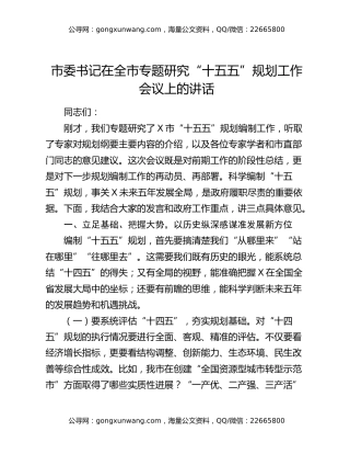 市委书记在全市专题研究“十五五”规划工作会议上的讲话