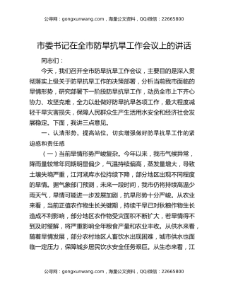 市委书记在全市防旱抗旱工作会议上的讲话