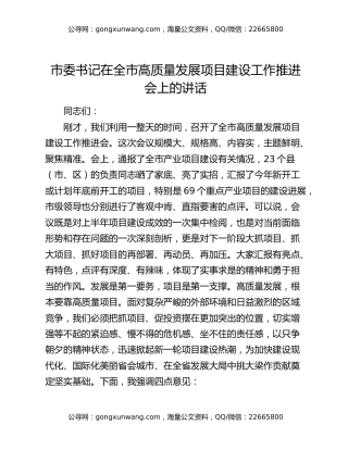 市委书记在全市高质量发展项目建设工作推进会上的讲话