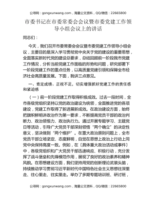 市委书记在市委常委会会议暨市委党建工作领导小组会议上的讲话