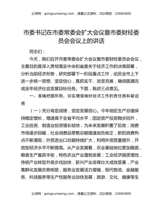 市委书记在市委常委会扩大会议暨市委财经委员会会议上的讲话