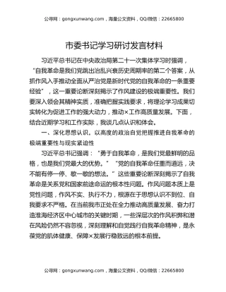 市委书记学习研讨发言材料