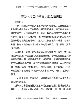 市委人才工作领导小组会议讲话
