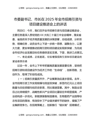 市委副书记、市长在2025年全市招商引资与项目建设推进会上的讲话