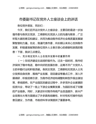 市委副书记在党外人士座谈会上的讲话