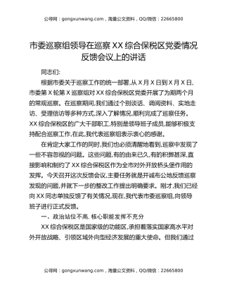 市委巡察组领导在巡察XX综合保税区党委情况反馈会议上的讲话