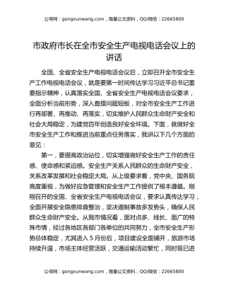 市政府市长在全市安全生产电视电话会议上的讲话