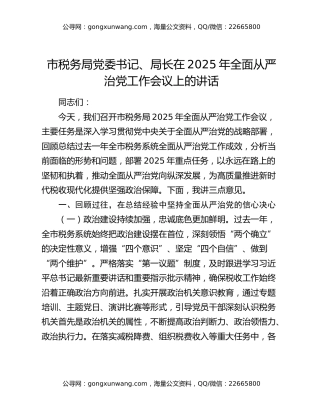 市税务局党委书记、局长在2025年全面从严治党工作会议上的讲话