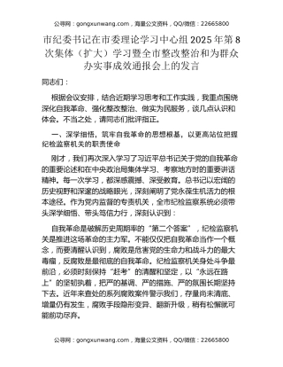 市纪委书记在市委理论学习中心组2025年第8次集体（扩大）学习暨全市整改整治和为群众办实事成效通报会上的发言