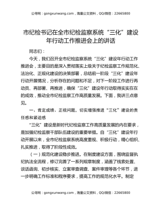 市纪检书记在全市纪检监察系统“三化”建设年行动工作推进会上的讲话