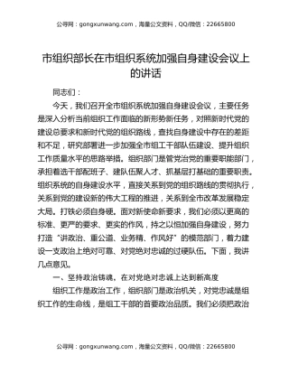 市组织部长在市组织系统加强自身建设会议上的讲话