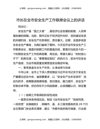 市长在全市安全生产工作联席会议上的讲话