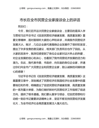 市长在全市民营企业家座谈会上的讲话