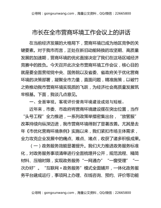 市长在全市营商环境工作会议上的讲话