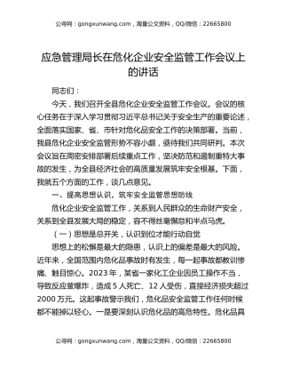 应急管理局长在危化企业安全监管工作会议上的讲话