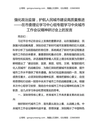 强化政治监督，护航人民城市建设高质量推进——在市委理论学习中心组专题学习中央城市工作会议精神研讨会上的发言