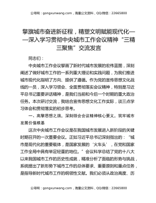 擎旗城市奋进新征程，精塑文明赋能现代化——深入学习贯彻中央城市工作会议精神“三精三聚焦”交流发言