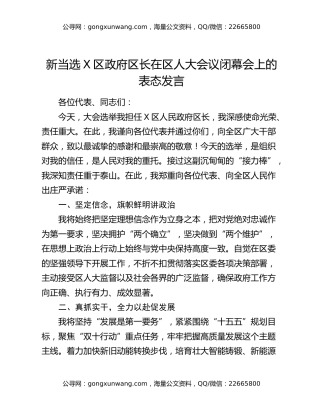 新当选X区政府区长在区人大会议闭幕会上的表态发言