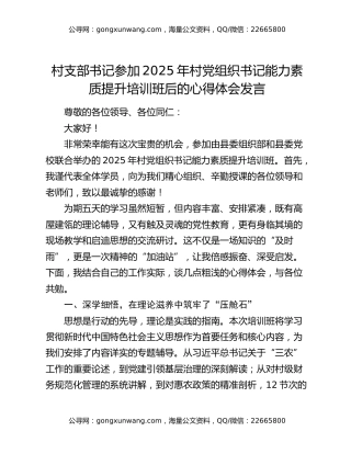 村支部书记参加2025年村党组织书记能力素质提升培训班后的心得体会发言