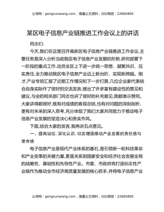 某区电子信息产业链推进工作会议上的讲话