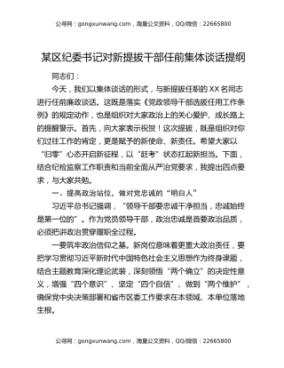 某区纪委书记对新提拔干部任前集体谈话提纲