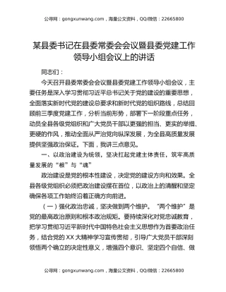 某县委书记在县委常委会会议暨县委党建工作领导小组会议上的讲话