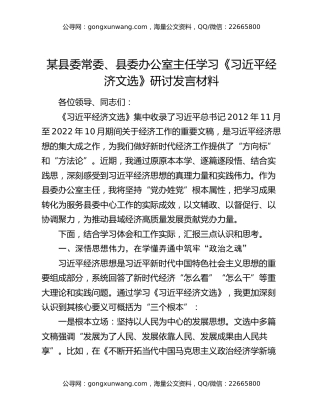 某县委常委、县委办公室主任学习《习近平经济文选》研讨发言材料