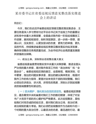 某市委书记在省委巡视反馈意见整改落实推进会上的讲话
