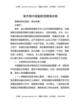 某市局中层副职竞聘演讲稿