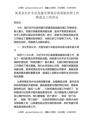 某某县长在全县党建引领基层高效能治理工作推进会上的讲话