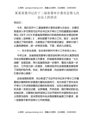 某某省委书记在十二届省委审计委员会第七次会议上的讲话