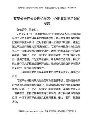 某某省长在省委理论学习中心组集体学习时的发言
