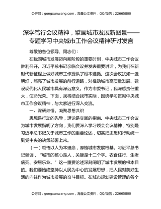 深学笃行会议精神，擘画城市发展新图景——专题学习中央城市工作会议精神研讨发言