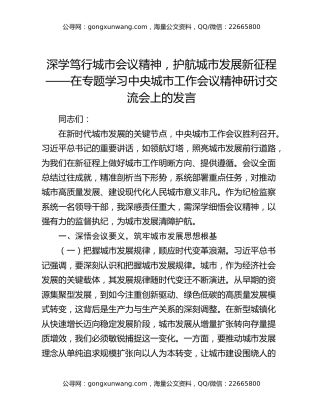 深学笃行城市会议精神，护航城市发展新征程——在专题学习中央城市工作会议精神研讨交流会上的发言