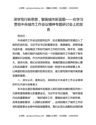 深学笃行新思想，擘画城市新蓝图——在学习贯彻中央城市工作会议精神专题研讨会上的发言