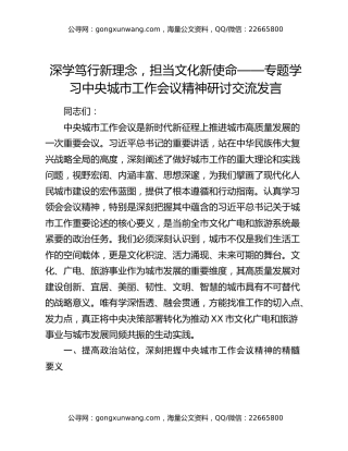 深学笃行新理念，担当文化新使命——专题学习中央城市工作会议精神研讨交流发言