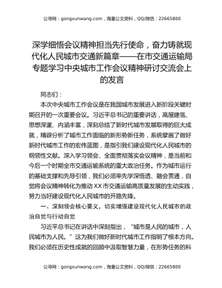 深学细悟会议精神担当先行使命，奋力铸就现代化人民城市交通新篇章——在市交通运输局专题学习中央城市工作会议精神研讨交流会上的发言