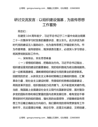 研讨交流发言：以组织建设强基，为宣传思想工作蓄势