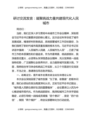 研讨交流发言：凝聚统战力量  共建现代化人民城市