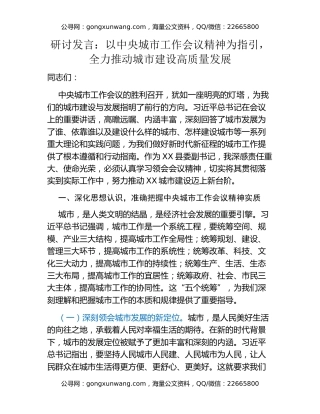 研讨发言：以中央城市工作会议精神为指引，全力推动城市建设高质量发展