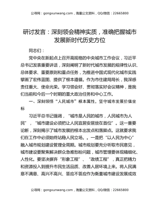 研讨发言：深刻领会精神实质，准确把握城市发展新时代历史方位