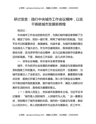 研讨发言：践行中央城市工作会议精神，以实干铸就城市发展新辉煌