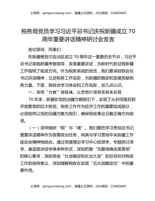 税务局党员学习习近平总书记庆祝新疆成立70周年重要讲话精神研讨会发言