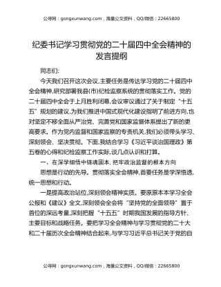 纪委书记学习贯彻党的二十届四中全会精神的发言提纲