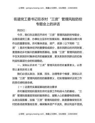 街道党工委书记在农村“三资”管理风险防控专题会上的讲话