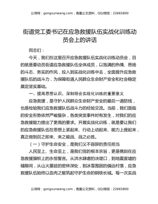 街道党工委书记在应急救援队伍实战化训练动员会上的讲话