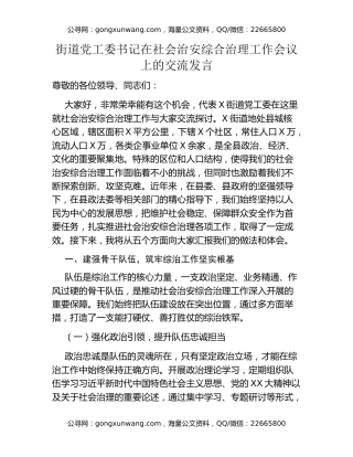街道党工委书记在社会治安综合治理工作会议上的交流发言