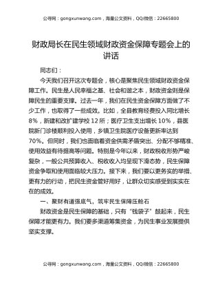 财政局长在民生领域财政资金保障专题会上的讲话