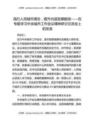 践行人民城市理念，提升内涵发展能效——在专题学习中央城市工作会议精神研讨交流会上的发言